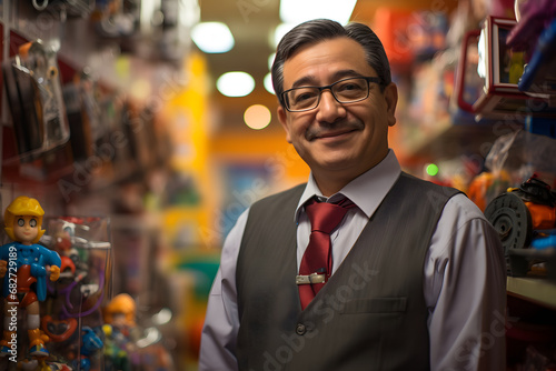 An Asian shopkeeper male happy cheerful face, happily laughing face wearing simple descent suit and glasses standing in a toy shop for kids selling toys many more toys settle in the shelfs at the back
