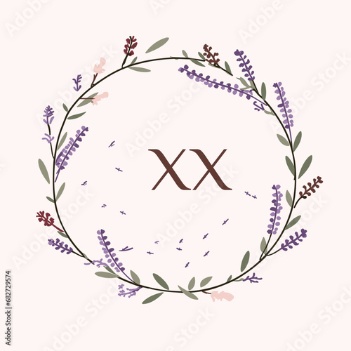 Aromatic candles store filled colorful initial logo idea. Handmade romantic candles for selling. Lavender wreath. Letters inside circle shape. Graphic design. Created using neural network