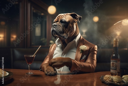 Dog in suit with cigar and champagne in casino. Doggy pet casino gambling player. Generate ai