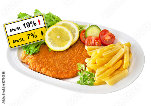 Fototapeta Naklejka Na Ścianę i Meble -  German yellow sign and value-added tax 19 % and 7 % MWST with cutlet isolated on white background