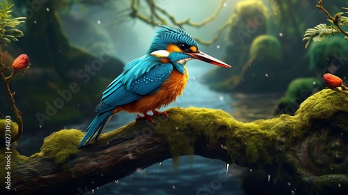 an image of a vibrant Kingfisher bird perched on a moss-covered branch by a river