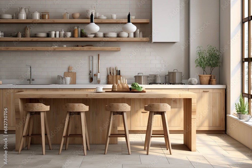 Interior of a kitchen with wooden dining table and chairs and sink. Created with Ai
