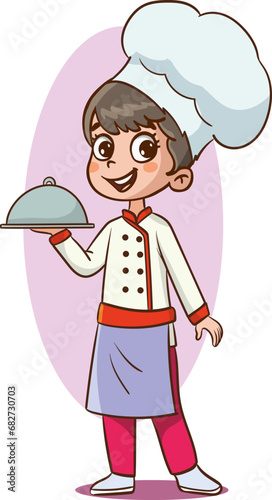 vector Illustration of a Little girl Wearing a Cook Uniform Holding a Platter