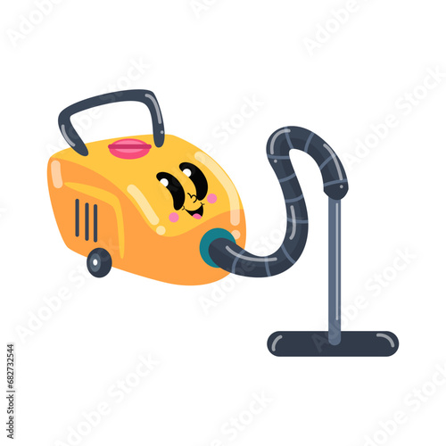 a vacuum cleaner with a yellow face and a black handle