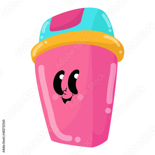 cartoon pink cup with eyes and a blue lid
