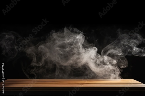 moke floats up on a dark background Empty Space for displaying your products empty wooden table with smoke floats up on a dark background in high resolution. 