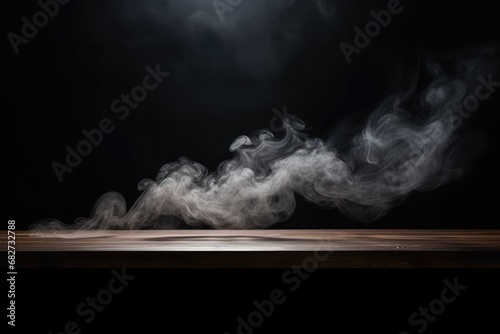 moke floats up on a dark background Empty Space for displaying your products empty wooden table with smoke floats up on a dark background in high resolution. 
