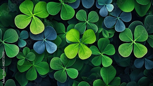 Green natural background of four leaf clover leaves bringing good luck photo