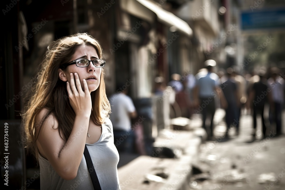 Worried Israeli woman outdoor during the space rocket attack. Fearful lady on urban avenue during war assault. Generate ai