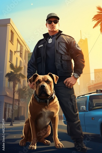 policeman and his dog city background