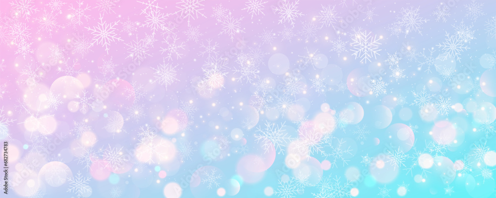 Christmas snowy background. Cold pink blue winter sky. Vector ice blizzard on gradient texture with bokeh and flakes. Festive new year theme for season sale wallpaper. Christmas snowy background. Cold pink blue winter sky. Vector ice blizzard on gradient texture with bokeh and flakes. Festive new year theme for season sale wallpaper.