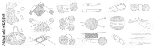 Set of icons on the theme of wool knitting. Hobbies for relaxation. Vector illustration for home craft stores and postcard design. World Knitting Day.