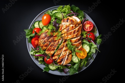 Grilled chicken breast fillet and fresh vegetable salad in dark plate on black background