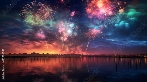 fireworks over the river festival, holiday, water, party, fire, light, new year, new, river, reflection, july, colorful, event, explosion, city, year, pyrotechnics, celebrate