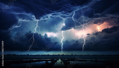 Fotografie, Obraz Nighttime tornado storm: Mezocyclone lightning bolt electrifies the ground, illuminating the field