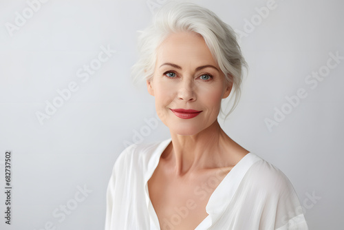Beautiful elderly woman in her 50s or 60s with youthful appearance with gray hair in front of white studio background