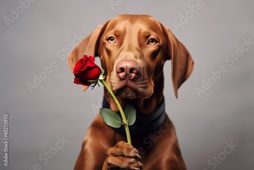 Charming red-haired vizsla dog with rose photo