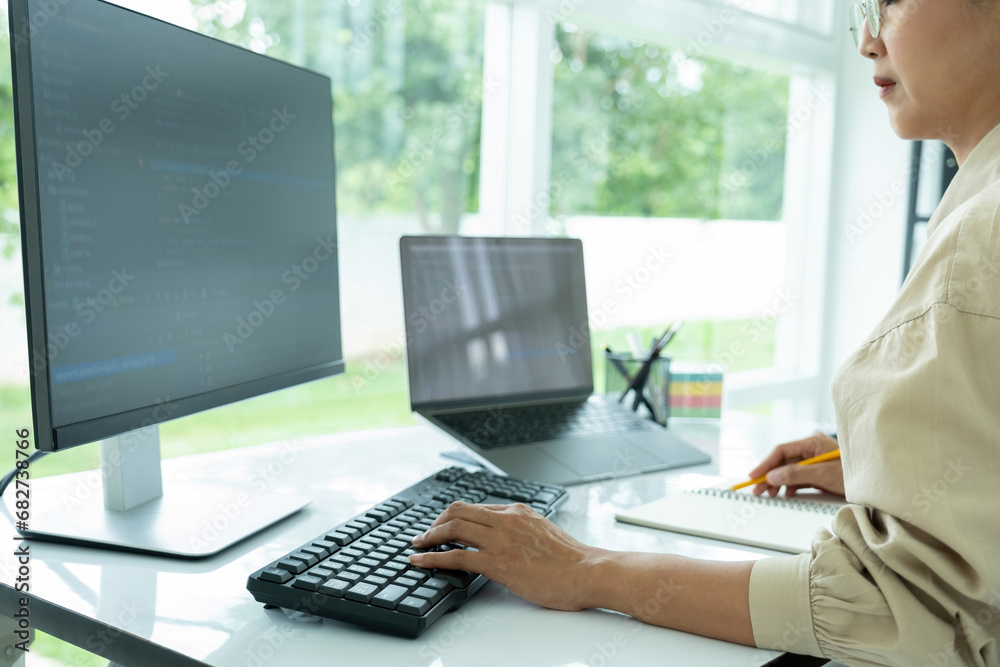 Female IT programmer innovates at office desk. Female IT programmer innovates at office desk.