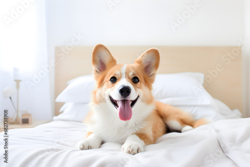 Smiling dog on a white bed