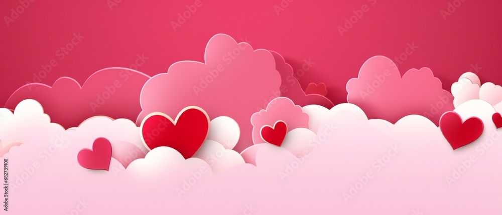 Happy Valentine's day blank background, beautiful paper cut clouds with 3d red hearts on pink background with copy space