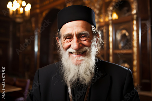Portrait of a smiling old priest inside a church