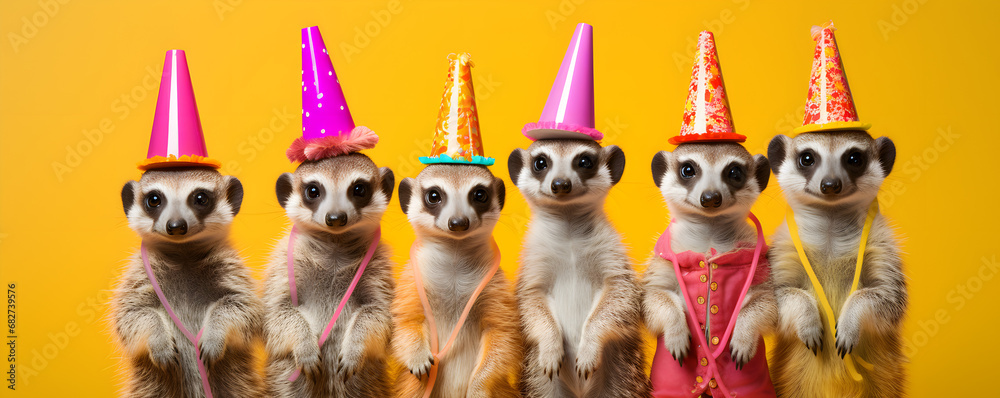 christmas decoration few dogs in the birthday party on yellow background A trio of fashionable meerkats sporting stylish sunglasses

