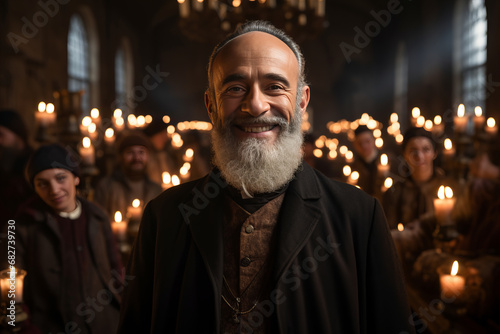 Portrait of a smiling rabbi priest in a church with parishioners in the background