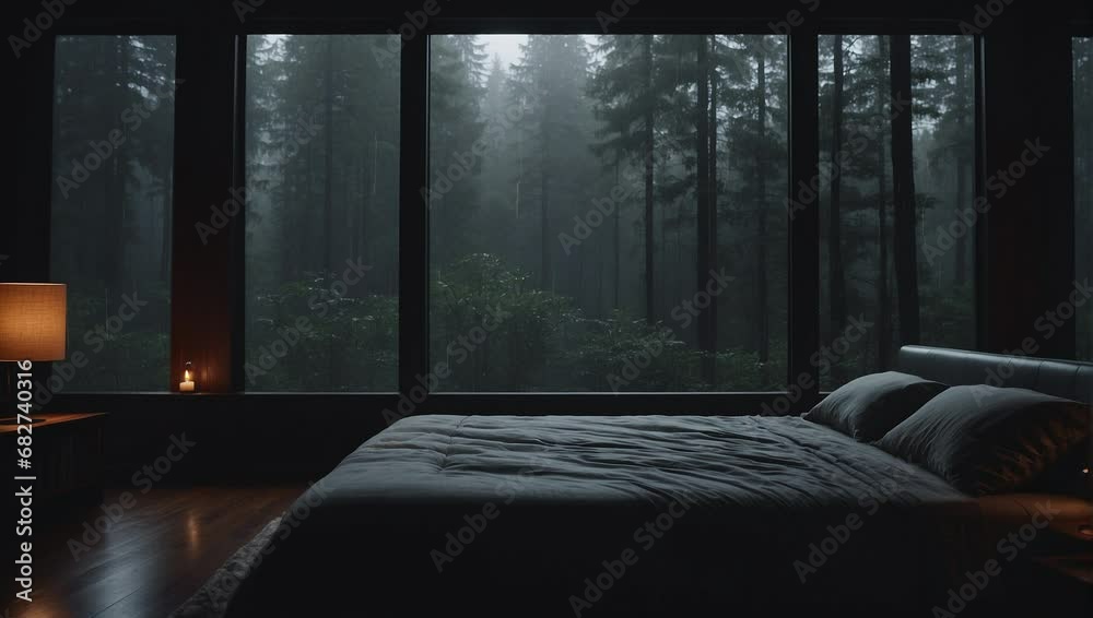 cozy rainy day at home. Cozy apartment bedroom with big window. Raining outside. Cozy hotel. Beautiful forest jungle landscape.