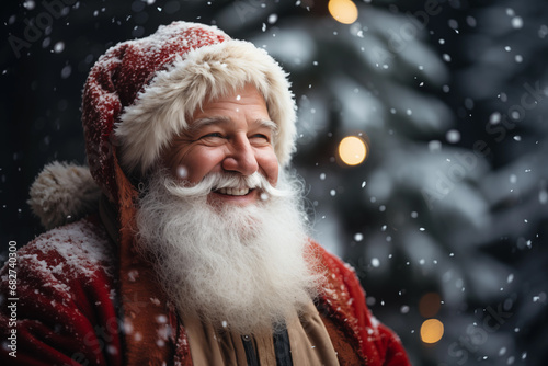 Smiling Santa Claus near the Christmas tree in the forest
