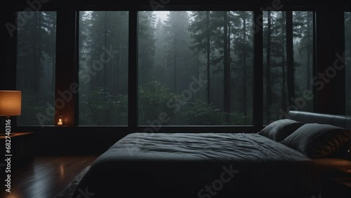 cozy rainy day at home. Cozy apartment bedroom with big window. Raining outside. Cozy hotel. Beautiful forest jungle landscape.