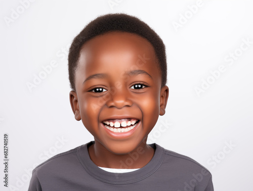 Beautiful little afro boy laughing. Full mouth smile. Isolated on white background 