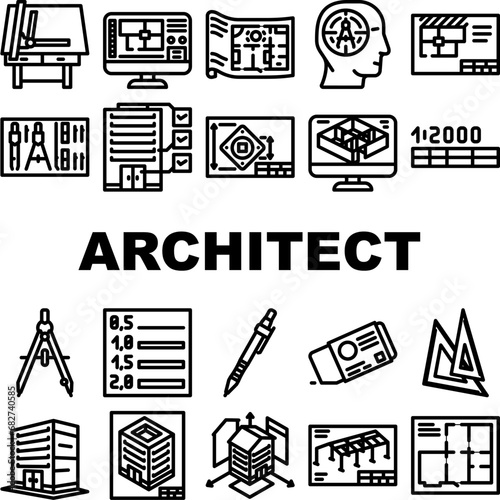 architectural drafter drawing icons set vector. house engineer, plan architecture construction architect building blueprint project architectural drafter drawing black contour illustrations