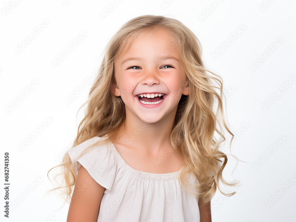 Beautiful little blonde girl laughing. Full mouth smile. Isolated on white background
Beautiful little blonde girl laughing. Full mouth smile. Isolated on white background