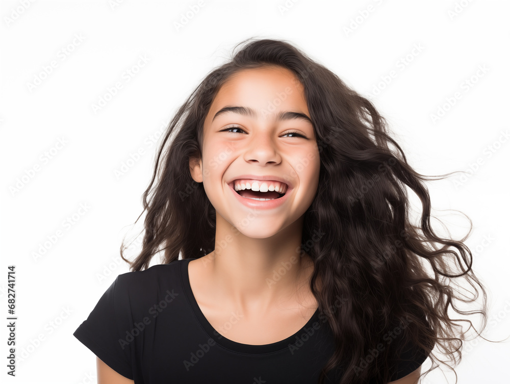 Beautiful teenage girl laughing. Full mouth smile. Isolated on white background
Beautiful teenage girl laughing. Full mouth smile. Isolated on white background