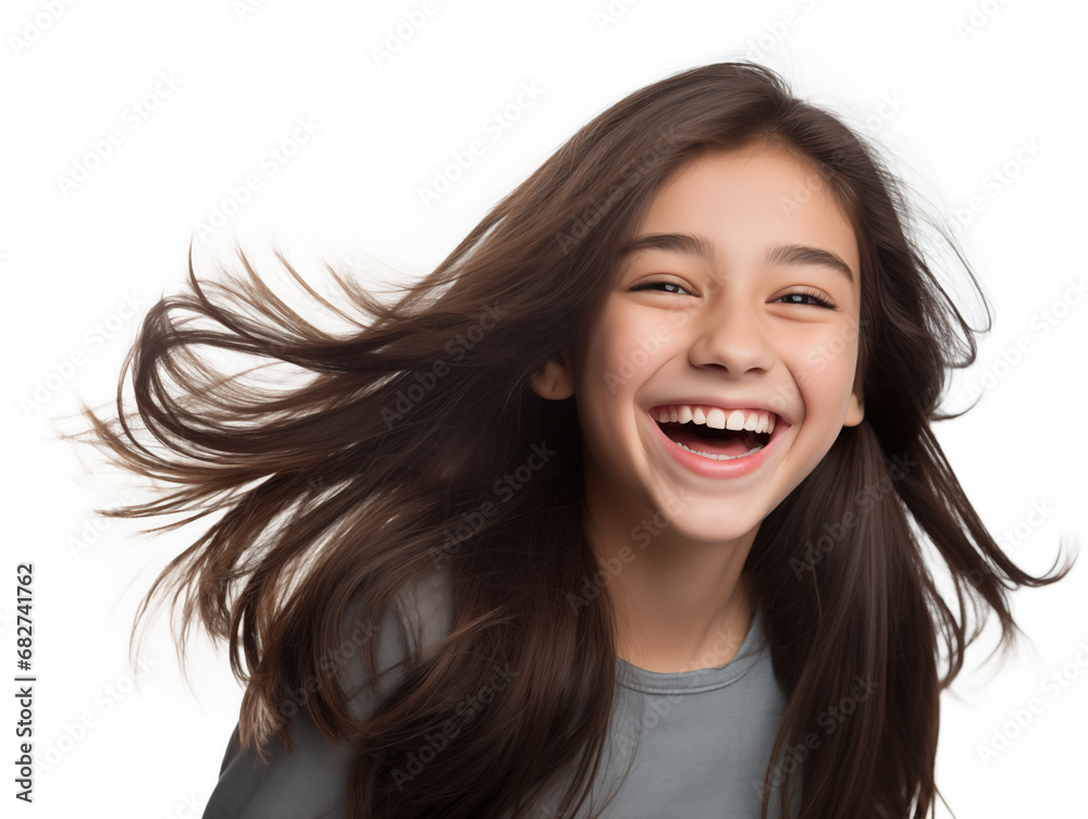 Beautiful teenage girl laughing. Full mouth smile. Isolated on white background
