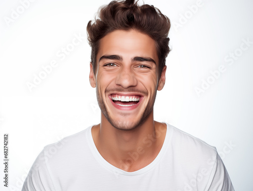 A young handsome brown-haired man laughs. A full-mouth smile. Isolated on white background