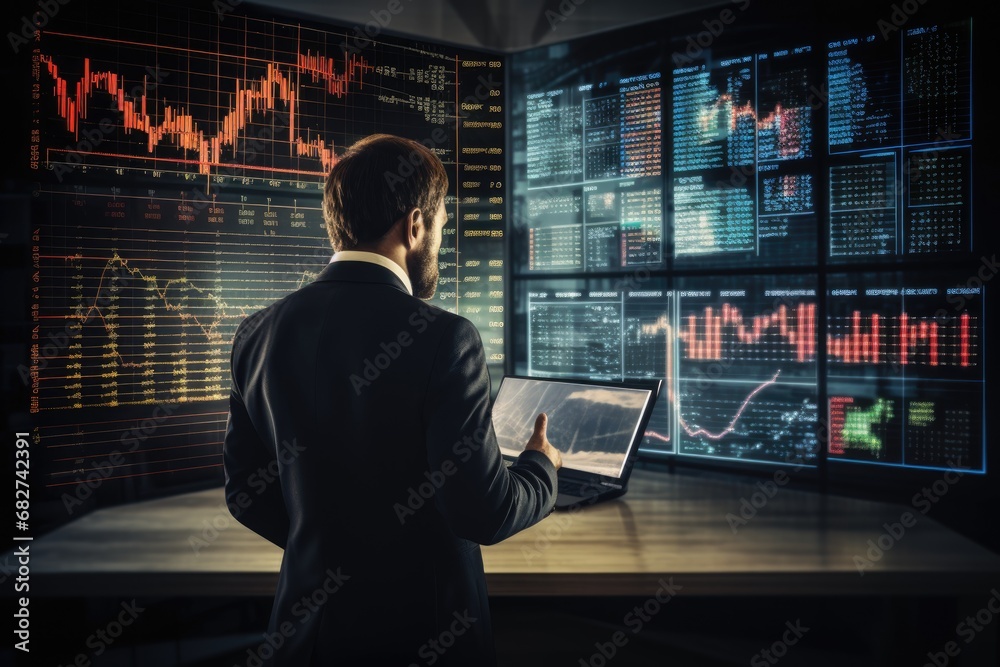 Financial figures analyzing market data on large displays Financial figures analyzing market data on large displays