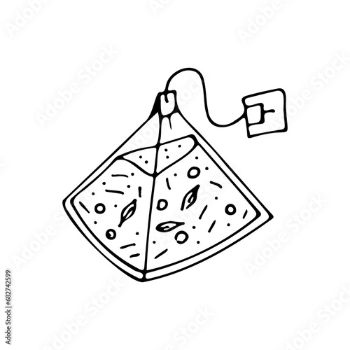 Vector isolated one single tea bag with paper label. Outline easy drawing. Doodle illustration