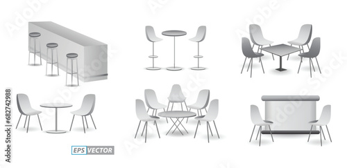 set of realistic trade exhibition chair and table or white blank exhibition kiosk or stand booth corporate commercial. 3D Render