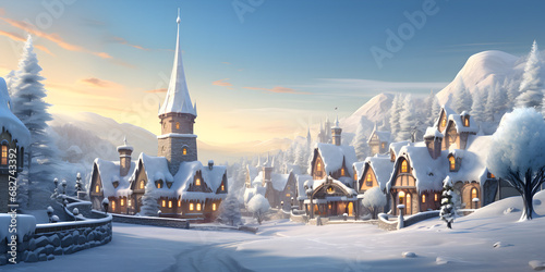 landscape with church A realistic painting of a snowy Christmas village free spaace. Christmas holiday landscape. Cute houses beautifully decorated with Christmas garlands in a snow - covered Alpine   © Gogo