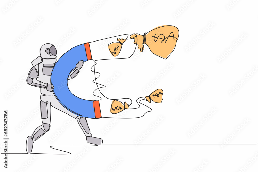 Continuous one line drawing of astronaut using big magnet to attract many money bag. Funding for future spaceship technology development. Cosmonaut outer space. Single line design vector illustration Continuous one line drawing of astronaut using big magnet to attract many money bag. Funding for future spaceship technology development. Cosmonaut outer space. Single line design vector illustration
