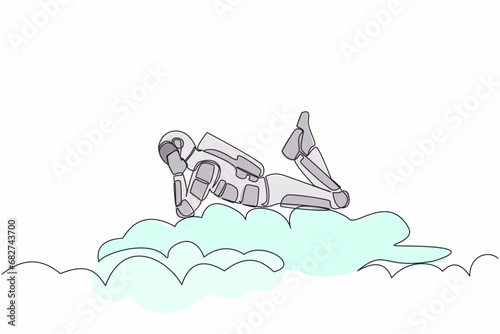 Single one line drawing young astronaut lay on clouds. Relaxes and resting after spaceship interstellar expedition. Cosmic galaxy space concept. Continuous line draw graphic design vector illustration