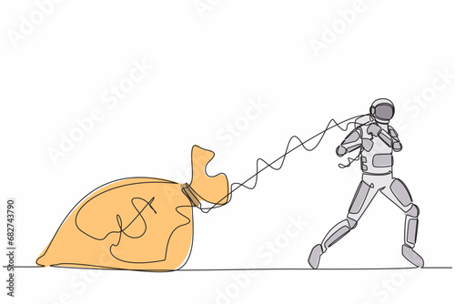 Single continuous line drawing astronaut pulling heavy money bag in moon surface. Big responsibility for funding space shuttle project. Cosmonaut deep space. One line draw design vector illustration
