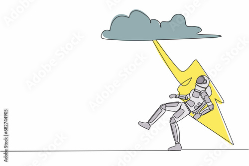Single continuous line drawing young astronaut struck by lightning from dark cloud. Bad luck, misery, disaster in spacewalk discovery. Cosmonaut deep space. One line graphic design vector illustration