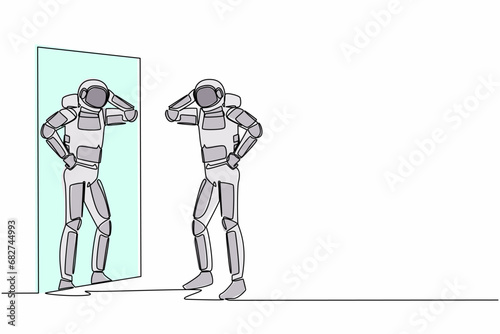 Single one line drawing young astronaut standing with style in front of mirror. Spaceman ready to start galactic journey. Cosmic galaxy space. Continuous line draw graphic design vector illustration