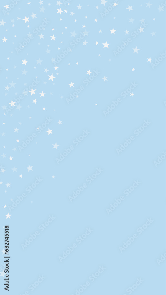 Snowy christmas background. Subtle flying snow flakes and stars on light blue winter backdrop. Delicate sweet snowy christmas. Vertical vector illustration. Snowy christmas background. Subtle flying snow flakes and stars on light blue winter backdrop. Delicate sweet snowy christmas. Vertical vector illustration.