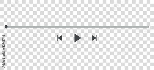Video, music play bar display interface. Audio player progress for podcast, misic, radio playlist. Transparent vector icon slider, play, rewind buttons