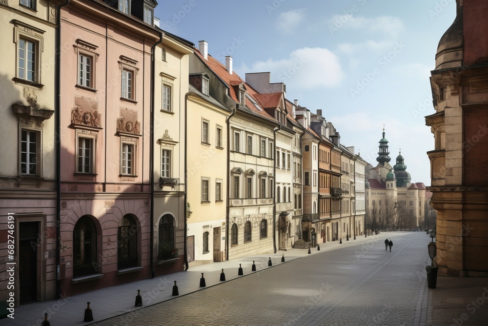 Morning street with polish buildings architecture. Old cityscape urban colorful houses. Generate ai