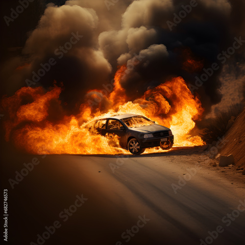 Burning car concept of war in Israel. Background with selective focus and copy space © hamzagraphic01