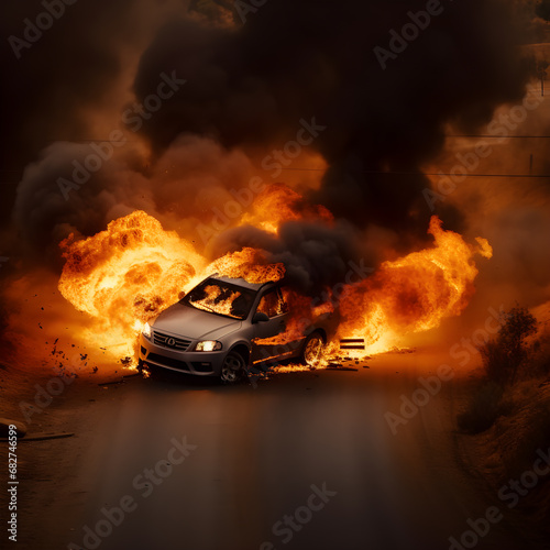 Burning car concept of war in Israel. Background with selective focus and copy space thick smoke © hamzagraphic01